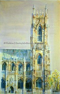 Beverley Minster Clock Tower and Porch, original watercolour painting by Robin Storey