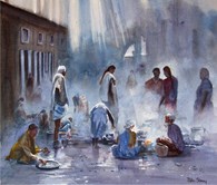 Temple Yard, Mumbai, original watercolour painting by Robin Storey