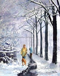 Dog walk in the snow, original watercolour painting by Robin Storey