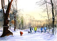 Winter Dog Walkers, original watercolour painting by Robin Storey