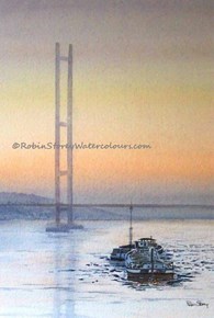 Humber Barges and Humber Bridge, original watercolour painting by Robin Storey