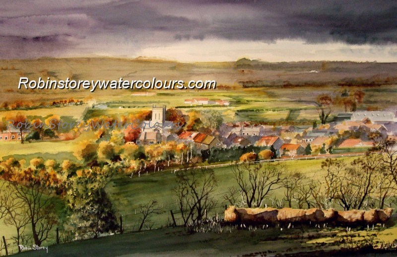 Shower approaching Newbald ,original watercolour by Robin Storey Shower approaching Newbald ,original watercolour by Robin Storey