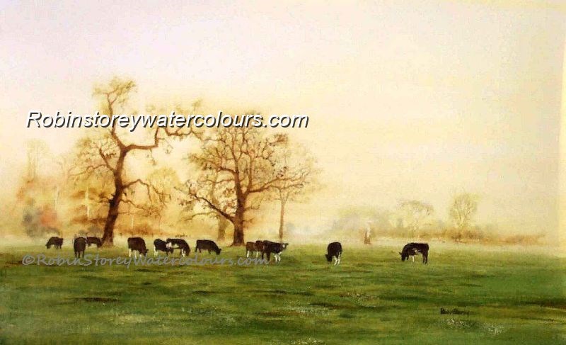 Burton Bushes In the Mist ,original watercolour by Robin Storey