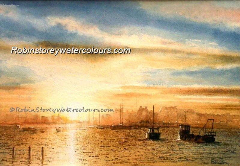 Bridlington Harbour At Dusk ,original watercolour by Robin Storey