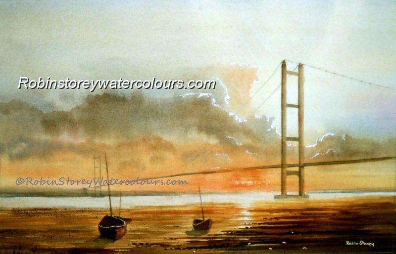 Humber Bridge Dusk ,original watercolour by Robin Storey Humber Bridge Dusk ,original watercolour by Robin Storey