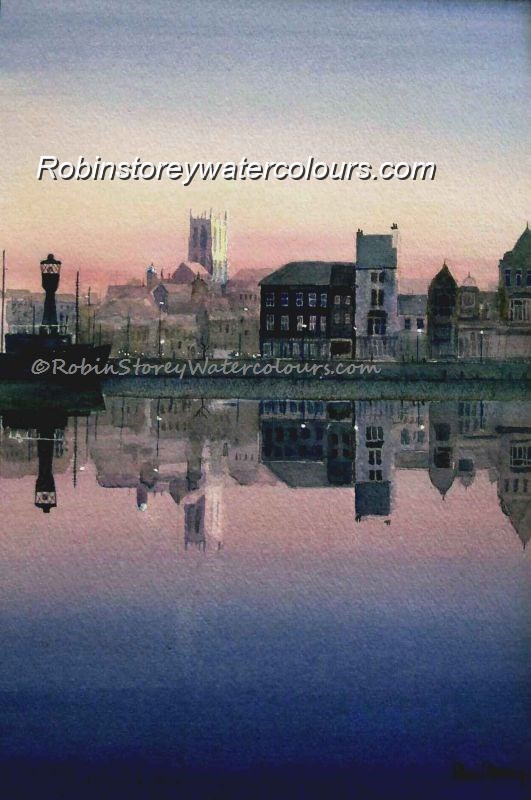 Reflections, Hull Docks ,original watercolour by Robin Storey