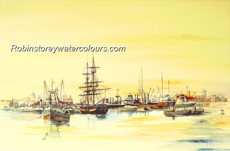 Sailing Ships In Hull ,original watercolour by Robin Storey