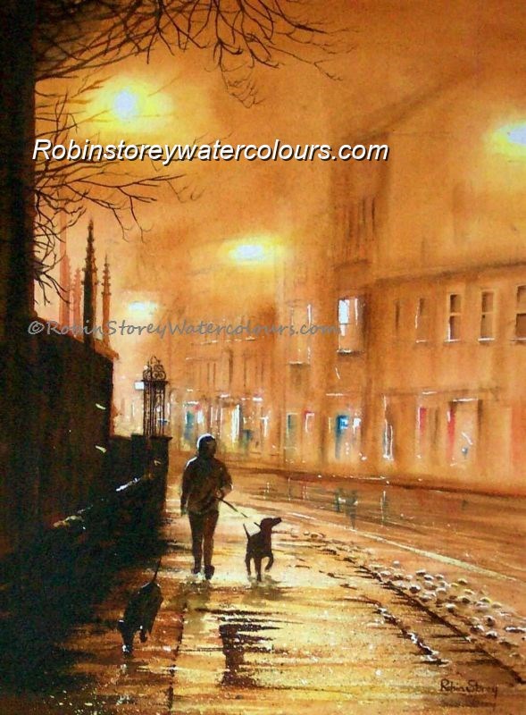 Evening Dog Walk ,original watercolour by Robin Storey Evening Dog Walk ,original watercolour by Robin Storey